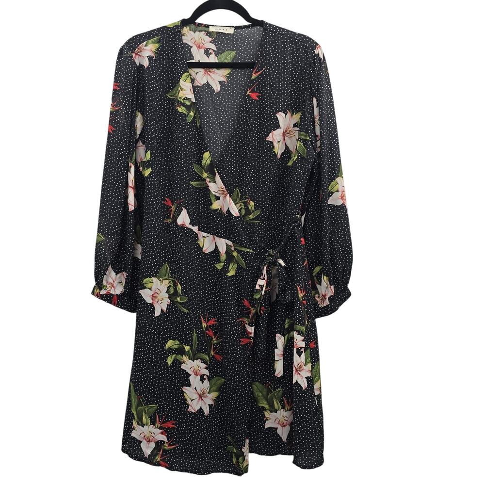 Gilli Wrap Dress Womens Medium Black Floral Polka Dot Long Sleeve Tie Waist